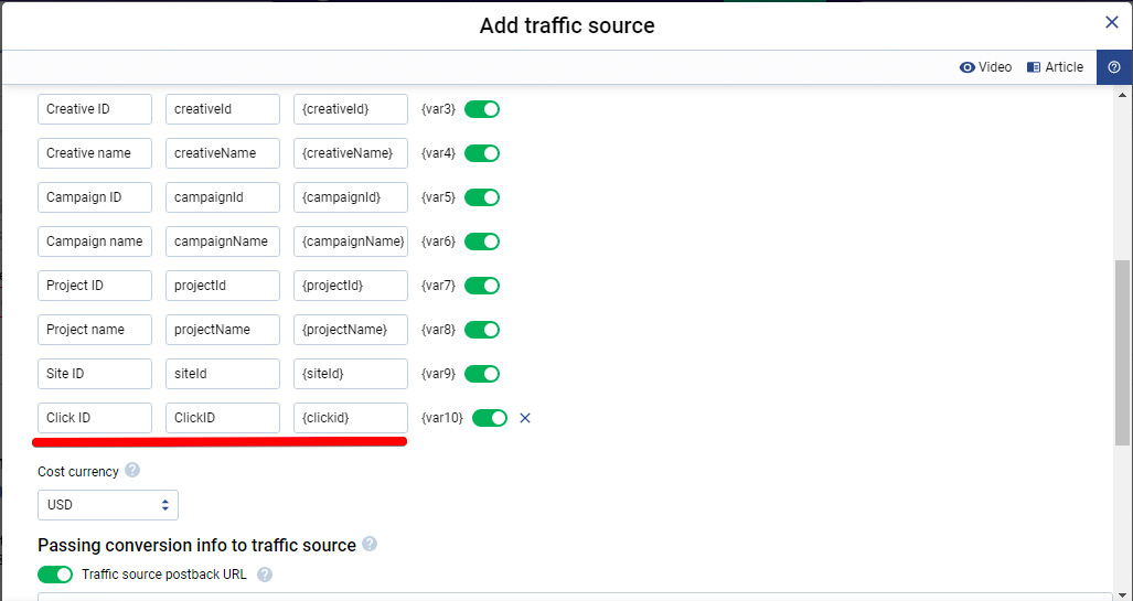 {clickid} token should be added to the template and set equal to any token of your tracking system: