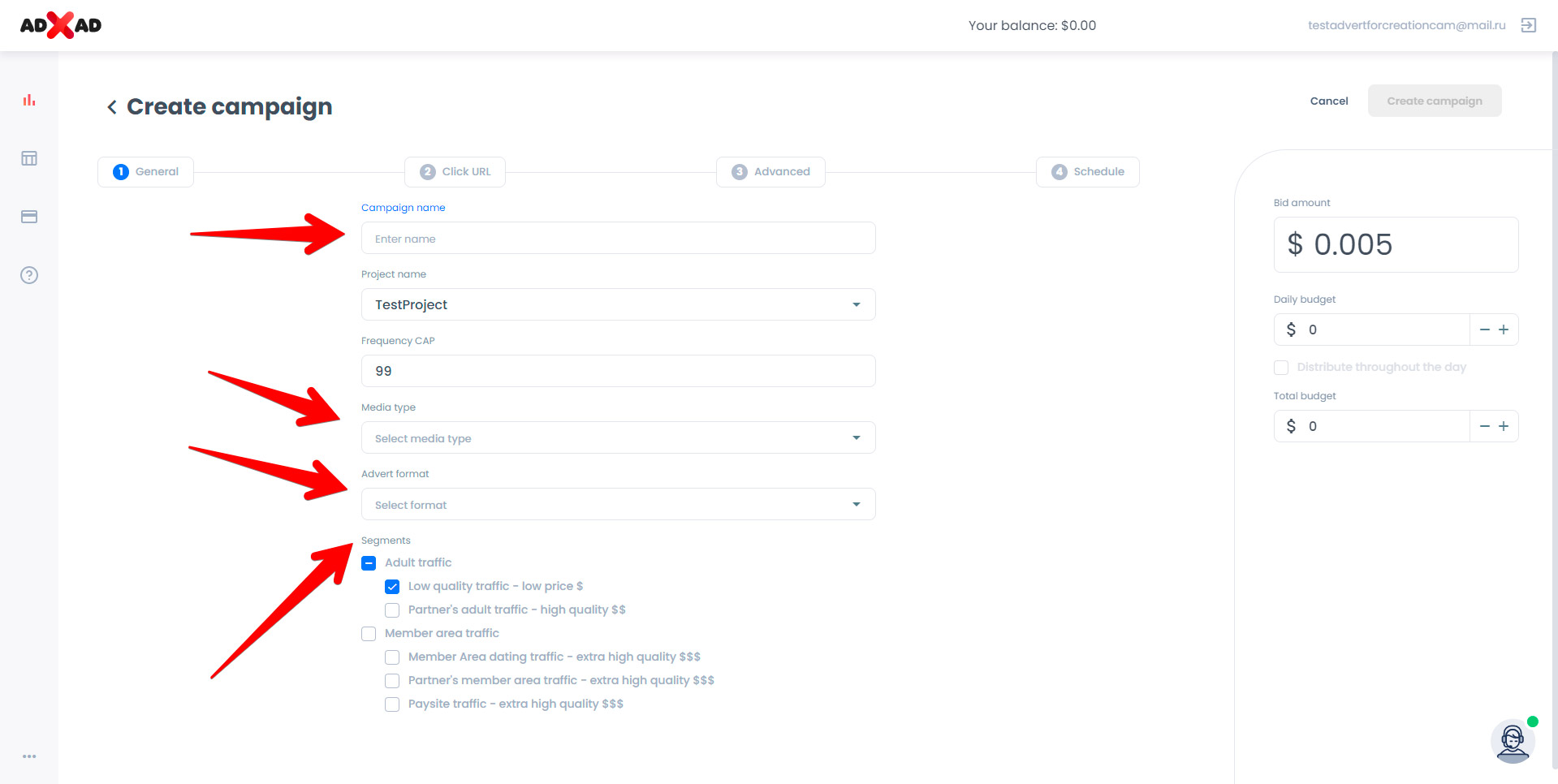 Set your bid (CPM in USD) and frequency cap. Type your campaign name and choose your campaign media type and advert format. Be careful, you can`t change them later